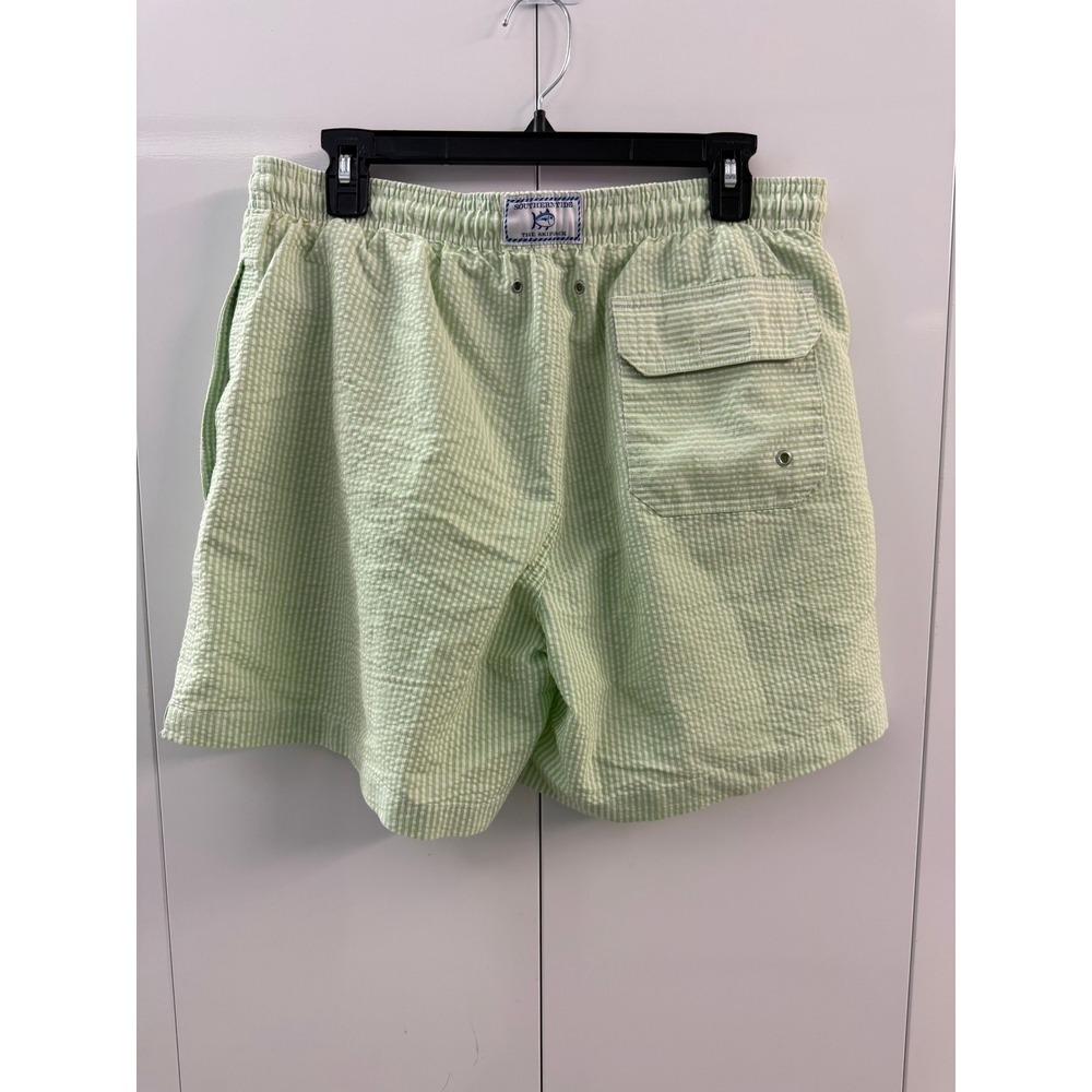 Southern Tide Mens Skipjack Seersucker Swim Trunks Green White Stripe Size L